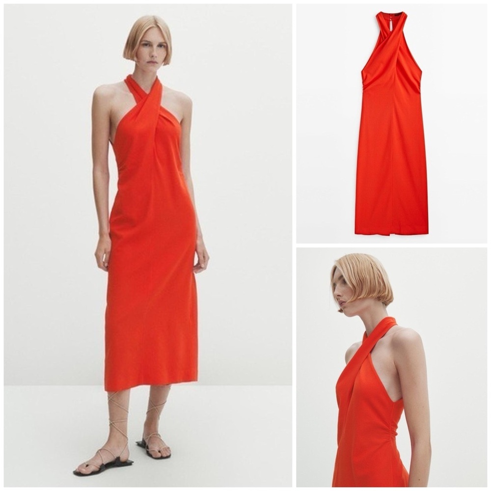 Massimo Dutti ~ Lyocell Blend Gathered Crossover Halter Neck Dress